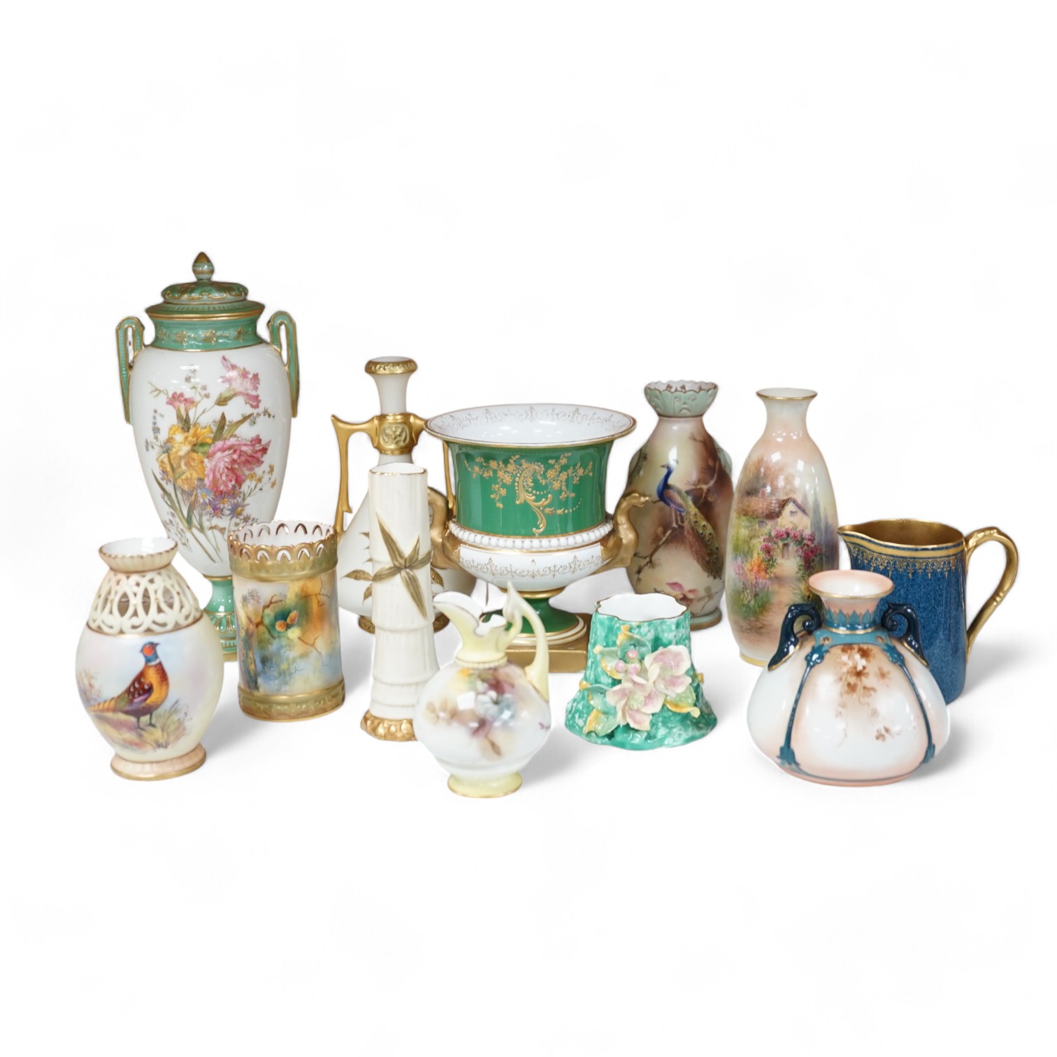 Twelve Worcester ornamental items, including Hadley's and Locke, tallest jar and cover 21cm high (12). Condition - fair, some small chips to floral encrusted vase